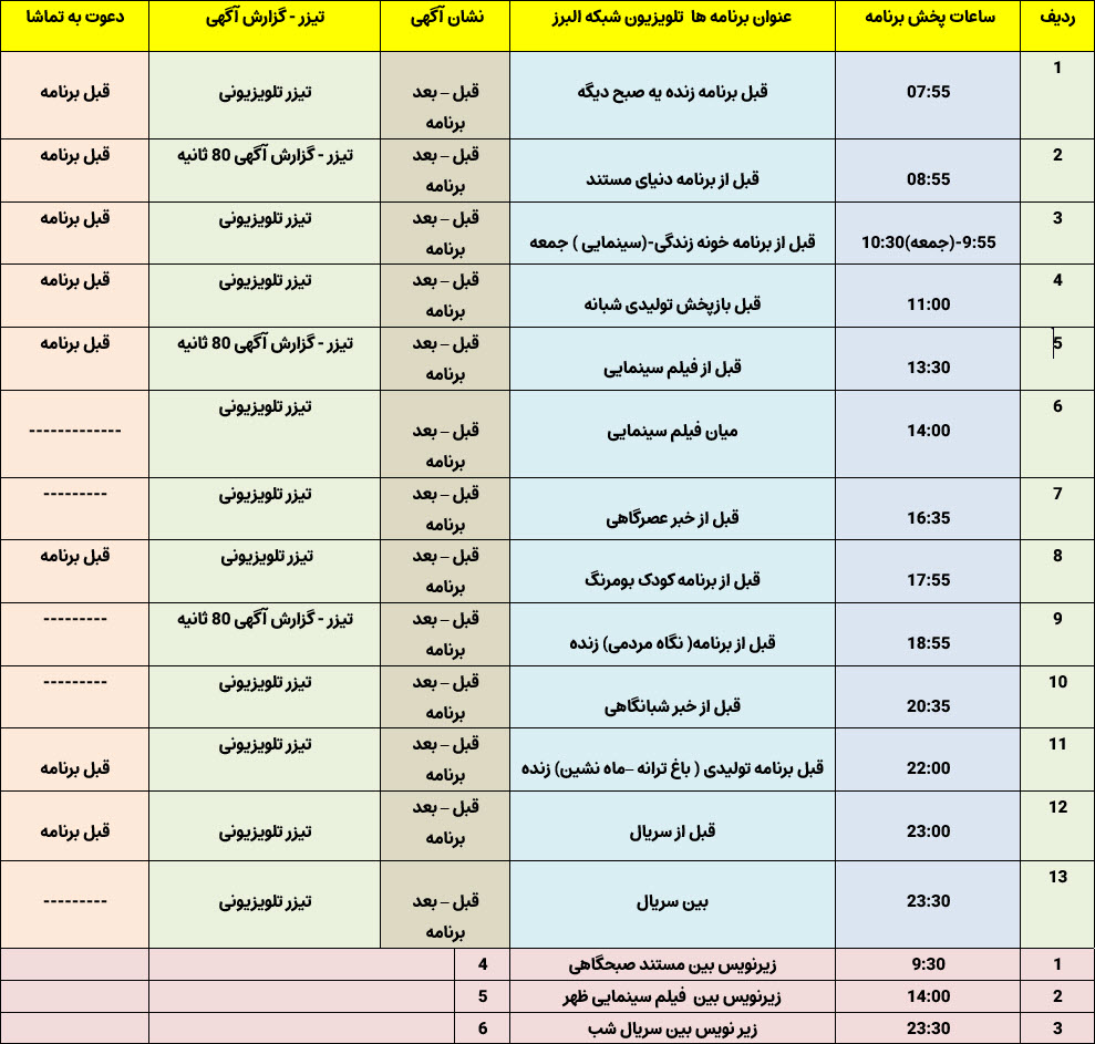 جدول پخش برنامه های تلویزیونی البرز